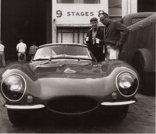 Steve McQueen showing director John Sturges his Jaguar XKSS on the MGM studio lot.