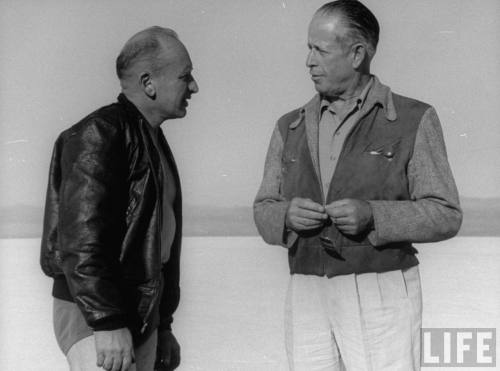 Roland Free chatting with photographer at Bonneville Salt Flat --September, 1948.
