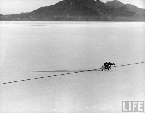 Roland Free breaking world's speed record on Bonneville Salt Flats --September, 1948.